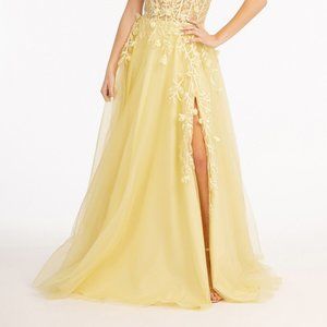 YELLOW  3-D Flower Applique Glitter Mesh A-line Dress Embroidery Sequin GL3034